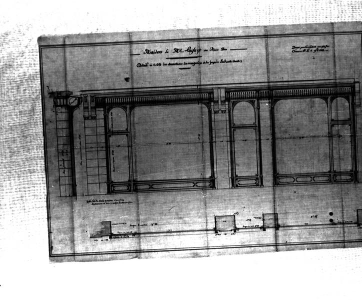 'Maison de Mr Lagaye au Mont-Dore Détail à 0,05 des devantures des magasins de la façade sud (côté ouest) Calque, encre noire; par Louis Jarrier, 6 novembre 1903'