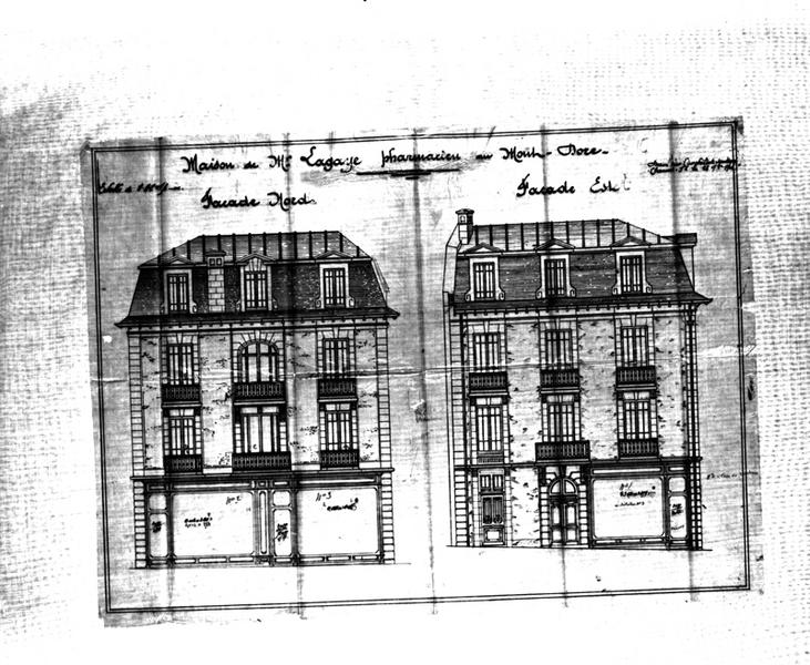 'Maison Lagaye Maison de Mr Lagaye pharmacien au Mont-Dore Façade nord Façade est Calque, encre noire; par Louis Jarrier, 18 novembre 1904'