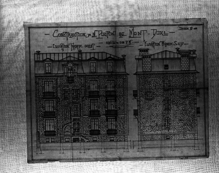 'Construction de Mr Poupon au Mont-Dore Elévation façade ouest Elévation pignon sud Calque, encres noire, rouge et marron; par Louis Jarrier, septembre 1908'