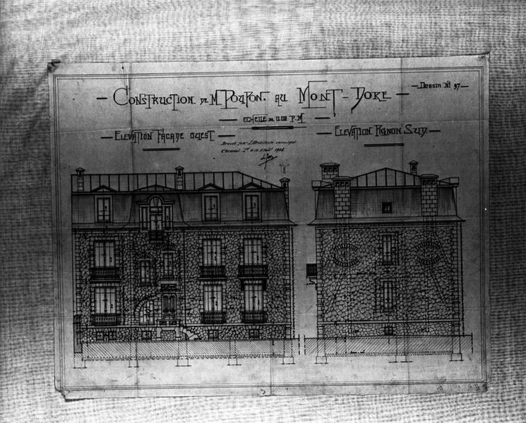 'Construction de Mr Poupon au Mont-Dore Elévation façade ouest Elévation pignon sud Calque, encres noire, rouge et marron; par Louis Jarrier, 21 août 1908'