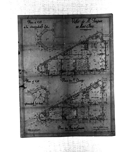 'Villa de Mr Poupon au Mont-Dore Plan du rez-de-chaussée Plan du 1er étage Calque, encres noire et rose, lavis rose; par Louis Jarrier, 9 septembre 1902'