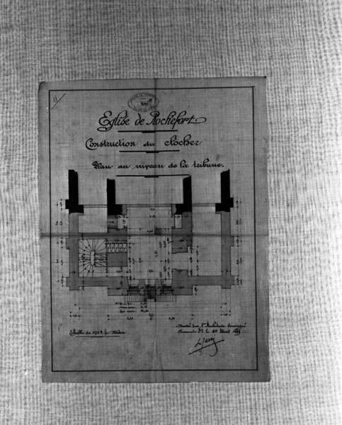 'Eglise de Rochefort Construction du clocher Plan au niveau de la tribune Calque, encres noire et rouge, lavis noir et marron; par Louis Jarrier, 24 mars 1899'