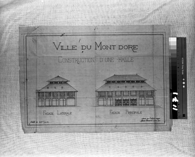 'Ville du Mont-Dore Construction d'une halle Façade latérale Façade principale Calque, encre noire; par Louis Jarrier, 7 février 1902'