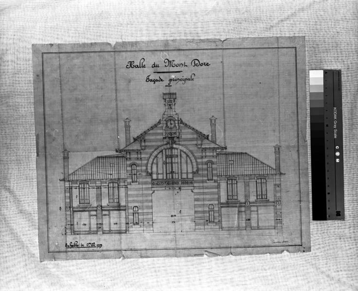 'Halle du Mont-Dore Façade principale Calque, encres noire et rouge; par Louis Jarrier, janvier 1903'