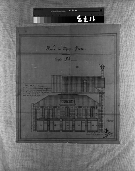 Halle du Mont-Dore. Façade sud. Calque, encres noire et rouge, 6 janvier 1903.