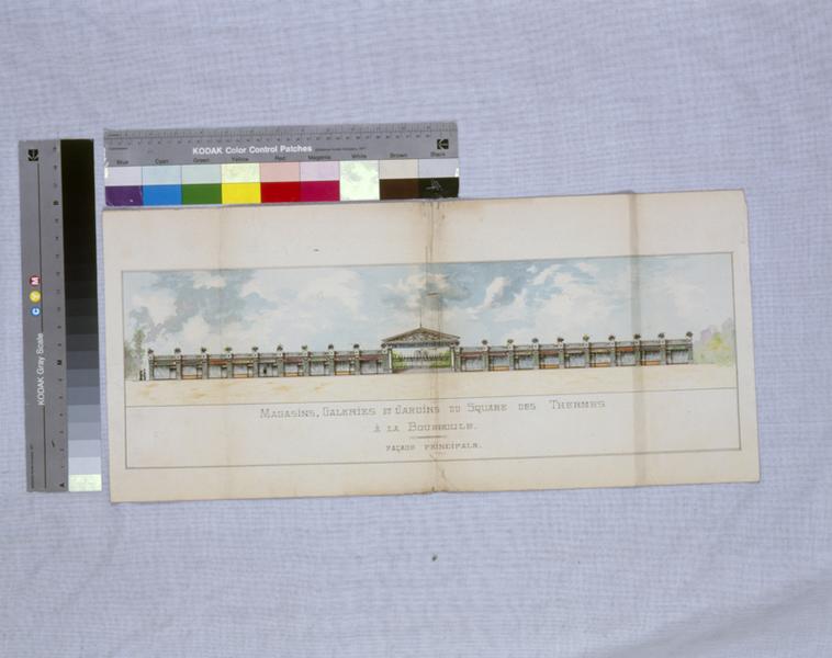 Magasins, galeries et jardins du square des thermes à La Bourboule. Façade principale. [Projet non réalisé].