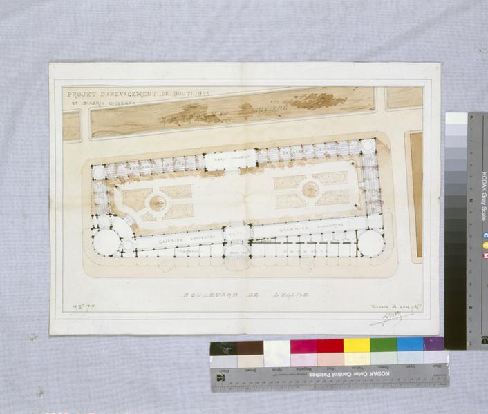 Projet d'aménagement de boutiques et d'abris couverts. Plan. [Projet non réalisé].