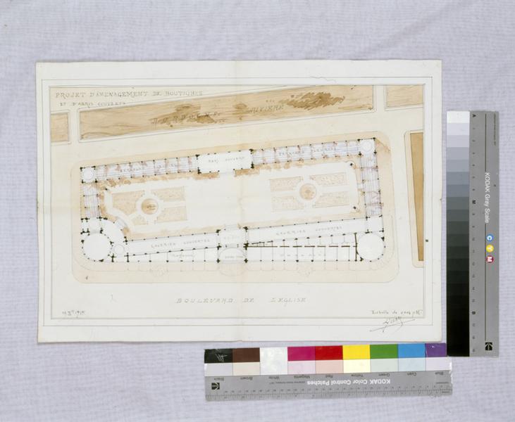 Projet d'aménagement de boutiques et d'abris couverts. Plan. [Projet non réalisé].