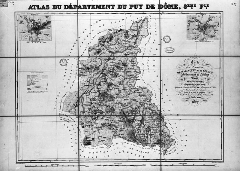 Carte des cantons de Maringues et Lezoux, arrondissement de Clermont (...), gravure par Lecoq d'après dessin dressé par F.C. Busset, géomètre en chef du cadastre, 1827.