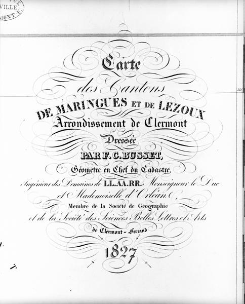 Carte des cantons de Maringues et Lezoux, arrondissement de Clermont (...) [détail de l'intitulé], gravure par Lecoq d'après dessin dressé par F.C. Busset, géomètre en chef du cadastre, 1827.
