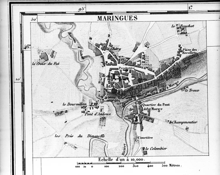 Carte des cantons de Maringues et Lezoux, arrondissement de Clermont (...) [détail du plan de la ville de Maringues], gravure par Lecoq d'après dessin dressé par F.C. Busset, géomètre en chef du cadastre, 1827.