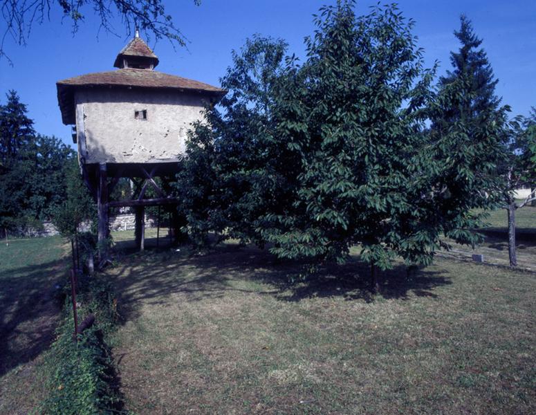 Vue générale d'un pigeonnier à pans de bois sur poteaux (Villeret, Luzillat).