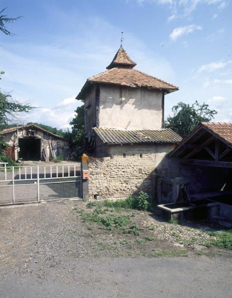 Vue générale d'un pigeonnier à pans de bois sur poteaux, avec base clôturée (La Barbine, Luzillat).