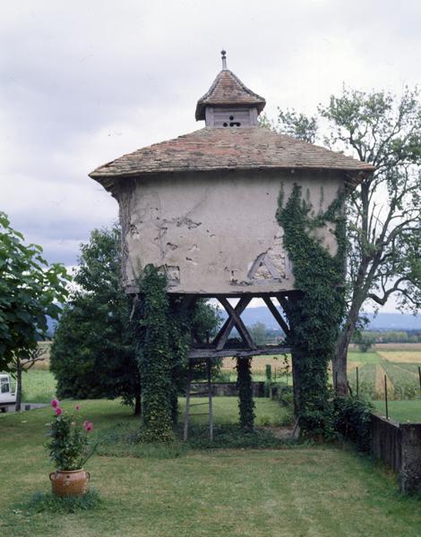 Vue générale d'un pigeonnier à pans de bois sur poteaux (Villeret, Luzillat).