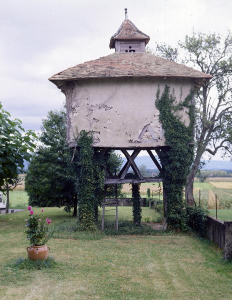 Vue générale d'un pigeonnier à pans de bois sur poteaux (Villeret, Luzillat).