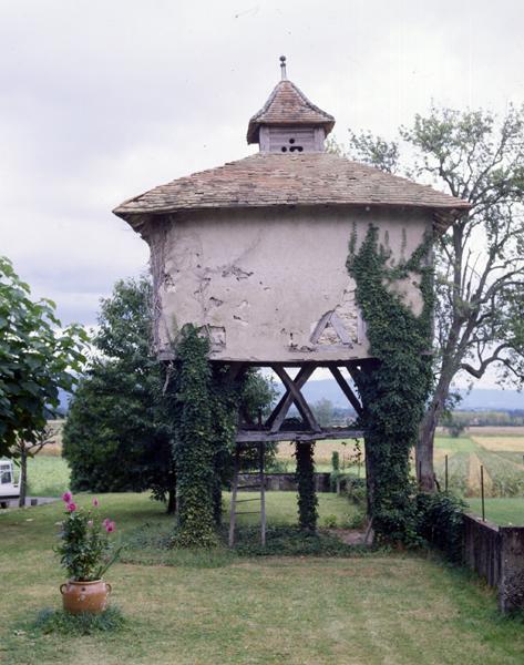 Vue générale d'un pigeonnier à pans de bois sur poteaux (Villeret, Luzillat).