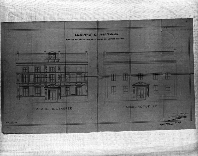 Commune de Maringues. Projet de réfection de la façade de l'hôtel de ville., élévations [état actuel et projet], dessin encre sur calque, par Achille Ballière, le 10 octobre 1884.