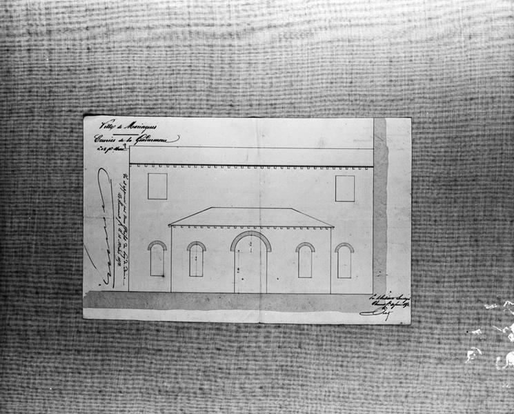 Ville de Maringues. Ecuries de la Gendarmerie. [élévation], dessin encre et lavis, par Imbert, 10 février 1852.