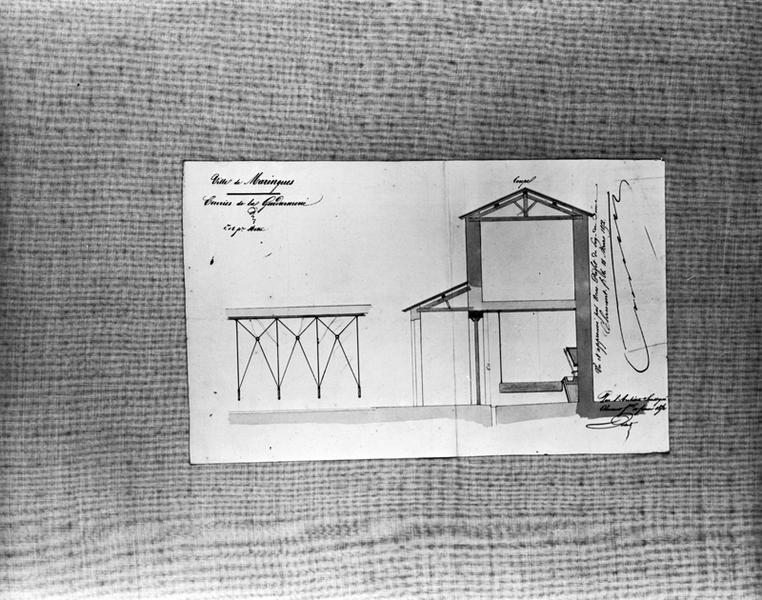 Ville de Maringues. Ecuries de la Gendarmerie. [coupe transversale], dessin encre et lavis, par Imbert, 10 février 1852.