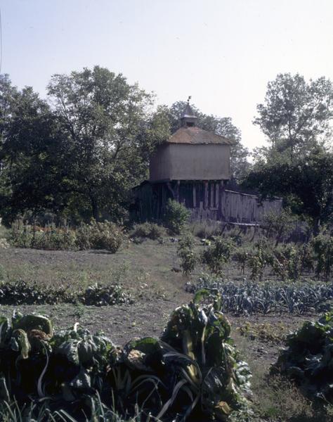 Vue générale d'un pigeonnier à pans de bois sur poteaux, avec base clôturée par un essentage de planches (Le Thuel, Maringues).
