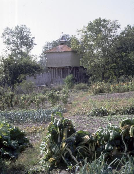 Vue générale d'un pigeonnier à pans de bois sur poteaux, avec base clôturée par un essentage de planches (Le Thuel, Maringues).