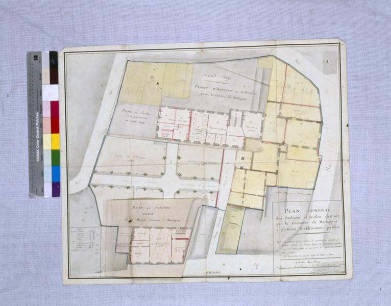 PLAN GENERAL des Batimens et Jardins destinés par la Commune de Maringues a plusieurs Etablissemens publics, dessin encre et lavis sur papier, par Claude François Attiret, 1er mars 1793 an II de la République. [plan du 2er étage].