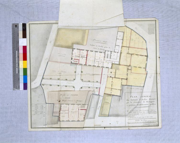 PLAN GENERAL des Batimens et Jardins destinés par la Commune de Maringues a plusieurs Etablissemens publics, dessin encre et lavis sur papier, par Claude François Attiret, 1er mars 1793 an II de la République. [plan du 1er étage].