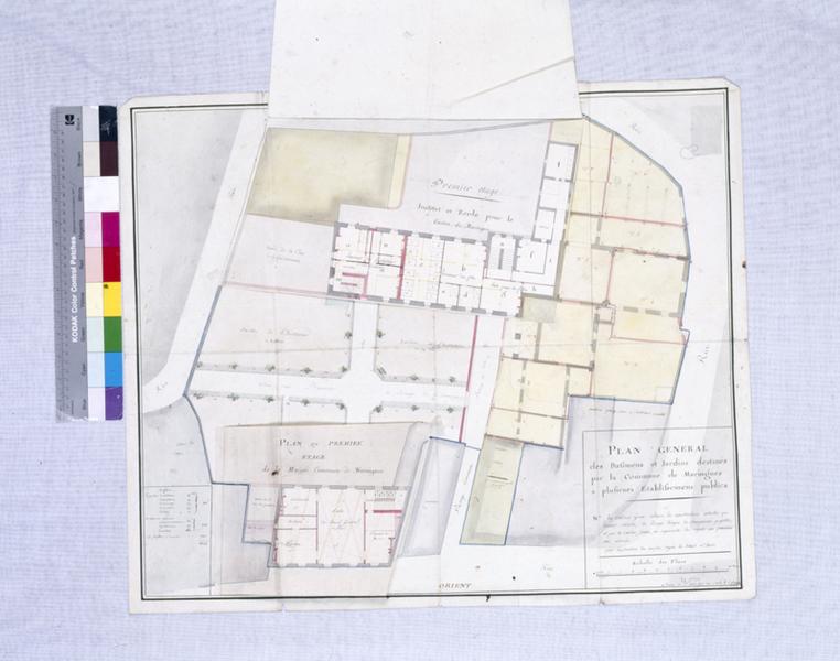 PLAN GENERAL des Batimens et Jardins destinés par la Commune de Maringues a plusieurs Etablissemens publics, dessin encre et lavis sur papier, par Claude François Attiret, 1er mars 1793 an II de la République. [plan du 1er étage].
