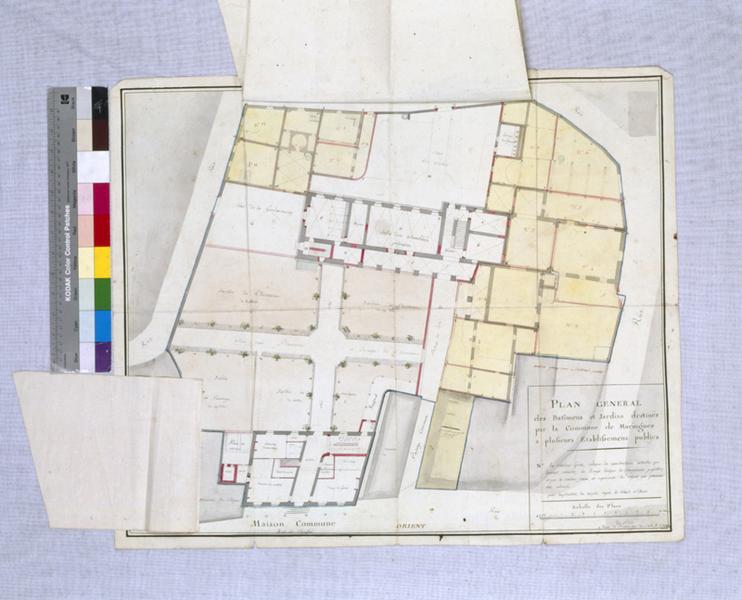 PLAN GENERAL des Batimens et Jardins destinés par la Commune de Maringues a plusieurs Etablissemens publics, dessin encre et lavis sur papier, par Claude François Attiret, 1er mars 1793 an II de la République. [plan du rez-de-chaussée].