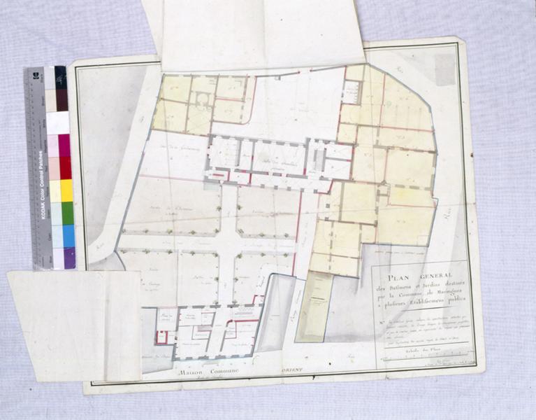 PLAN GENERAL des Batimens et Jardins destinés par la Commune de Maringues a plusieurs Etablissemens publics, dessin encre et lavis sur papier, par Claude François Attiret, 1er mars 1793 an II de la République. [plan du rez-de-chaussée].