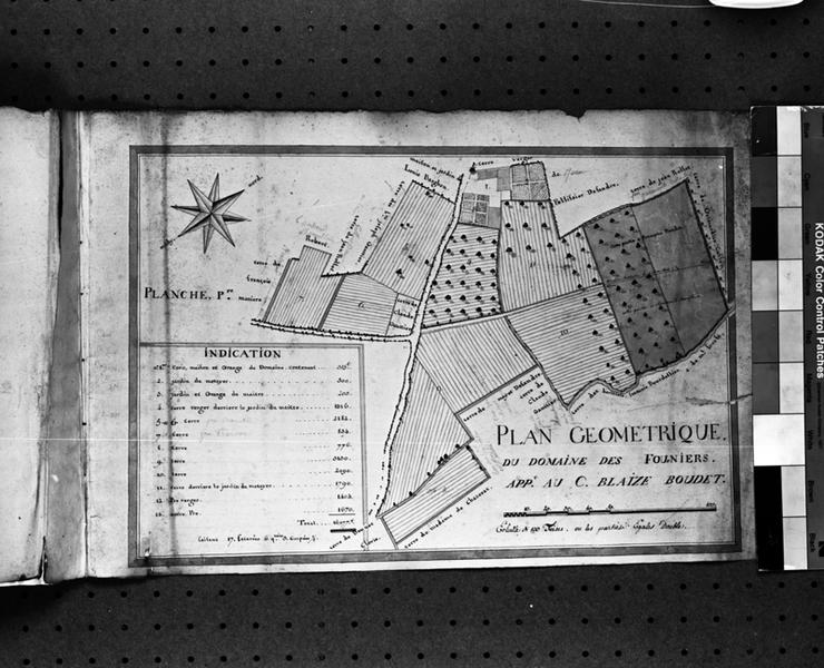 Plan géométrique du domaine des Fourniers. Appt au C. Blaize Boudet., 1ère planche d'un atlas de onze planches, dessin encre et lavis sur papier, s.n., s.d.[fin du XVIIIe siècle:1792?]