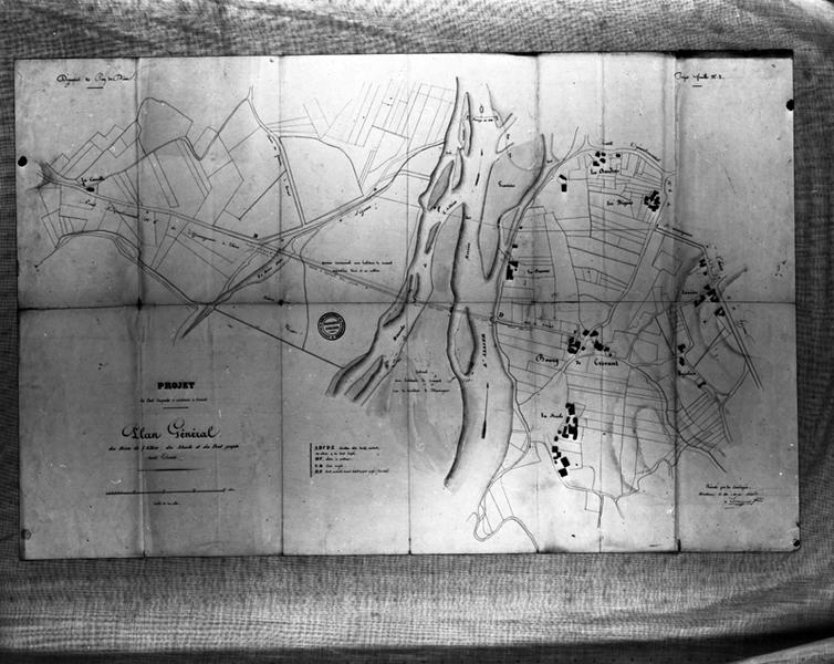 Projet du pont suspendu à construire à Crevant. Plan général des rives de l'Allier, des abords et du pont projeté devant Crevant, dessin encre et lavis sur papier, par les frères Escarraguel à Bordeaux, le 30 mai 1840.