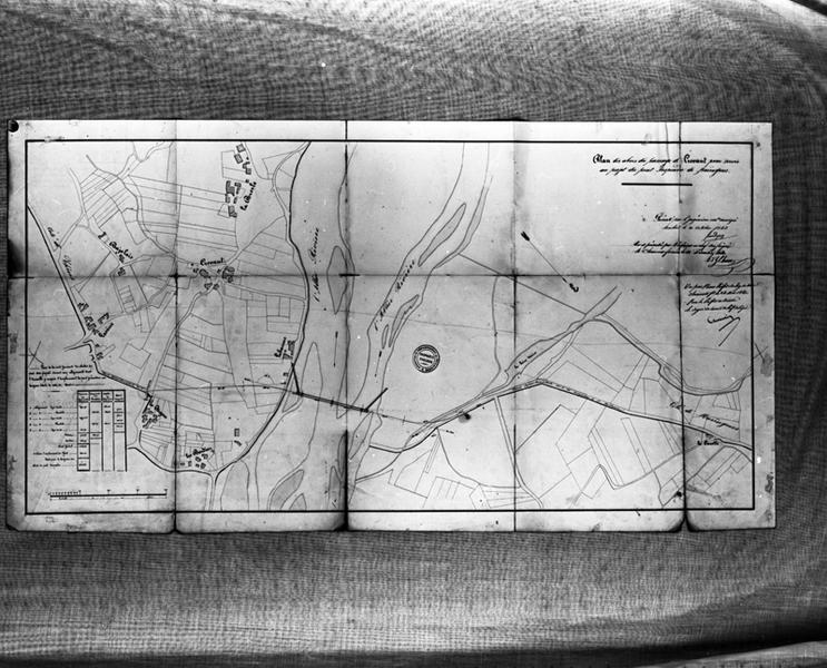 Plan des abords du passage de Crevant pour servir au projet du pont suspendu de Maringues, dessin encre et lavis sur papier, par l'ingénieur ordinaire Vimal-Dupuy à Ambert, le 20 octobre 1842.