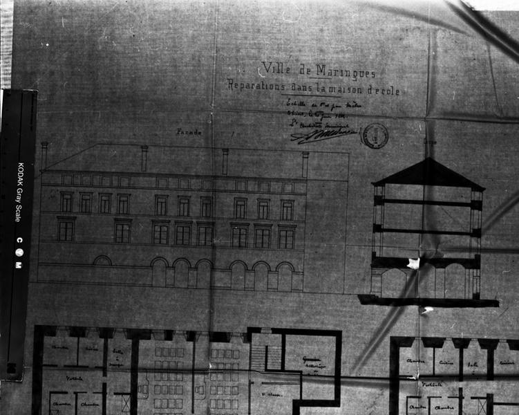 Ville de Maringues. Réparations dans la maison d'école., plans, élévation, coupe transversale, détails de mobilier, dessin encre et lavis sur calque, par Achille Ballière, le 30 juin 1882. [Détail].