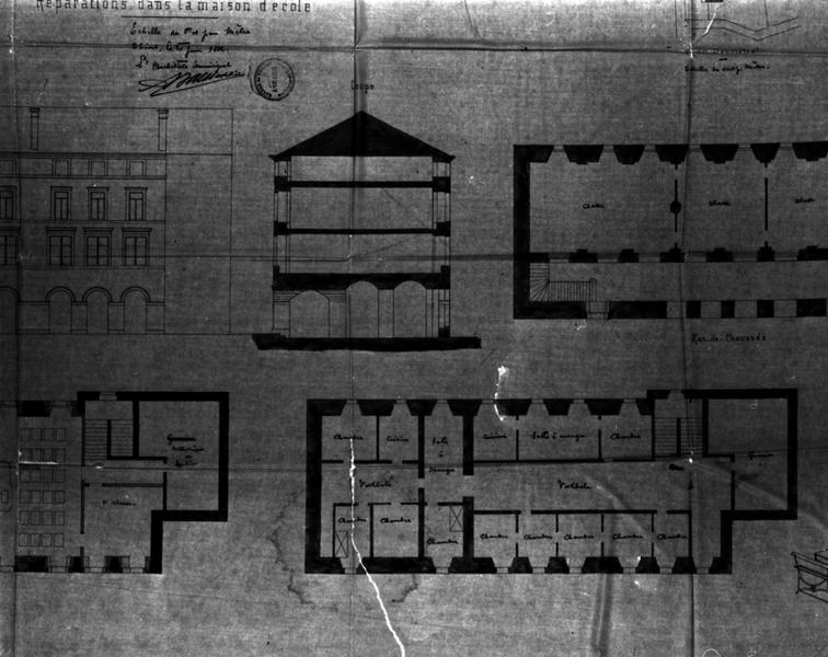 Ville de Maringues. Réparations dans la maison d'école., plans, élévation, coupe transversale, détails de mobilier, dessin encre et lavis sur calque, par Achille Ballière, le 30 juin 1882. [Détail].