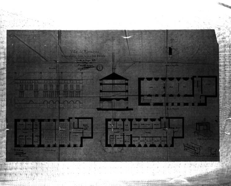 Ville de Maringues. Réparations dans la maison d'école., plans, élévation, coupe transversale, détails de mobilier, dessin encre et lavis sur calque, par Achille Ballière, le 30 juin 1882.