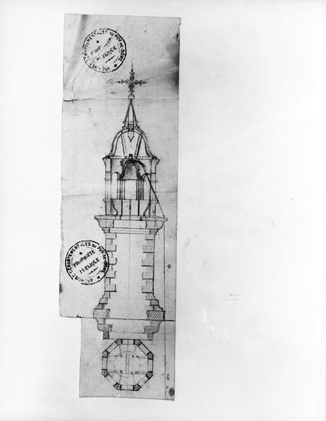 Plan et élévation du clocher de l'église de Maringues, projet, dessin mine de plomb sur papier, s.n.[Ravidat et Gironde ?], s.d.[1734 ?]