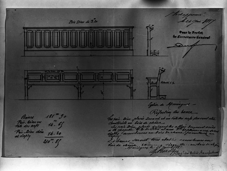 Eglise de Maringues.Réfection des bancs. (Elévations et coupes), dessin à la plume par G.A. Tardif, 1887