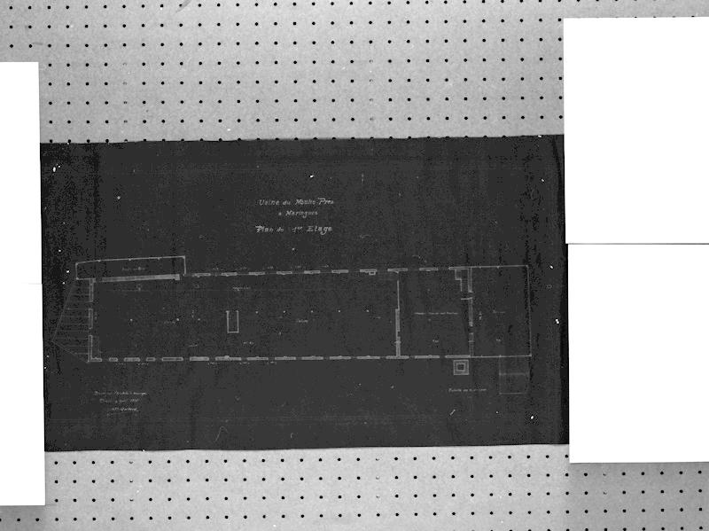 Usine [filature] du Moulin-Prés à Maringues. Plan du 1er étage, bleu d'architecte, par Alf. Quittard architecte à Thiers, les 4 et 5 Avril 1916.