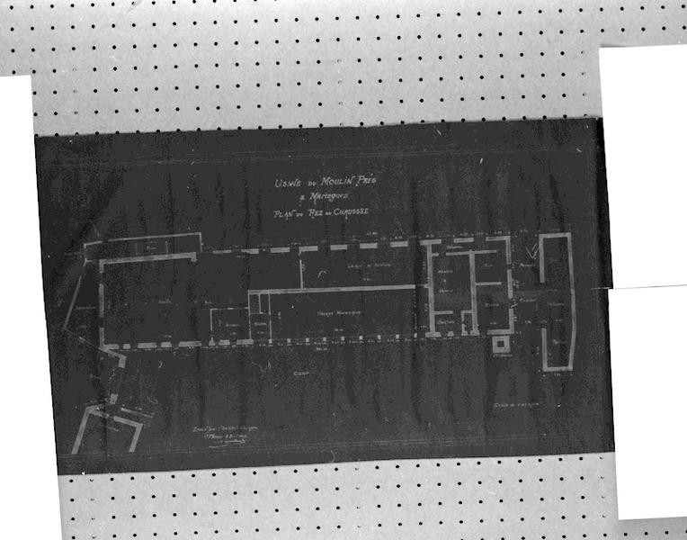 Usine [filature] du Moulin-Prés à Maringues. Plan du rez-de-chaussée, bleu d'architecte, par Alf. Quittard architecte à Thiers, les 4 et 5 Avril 1916.