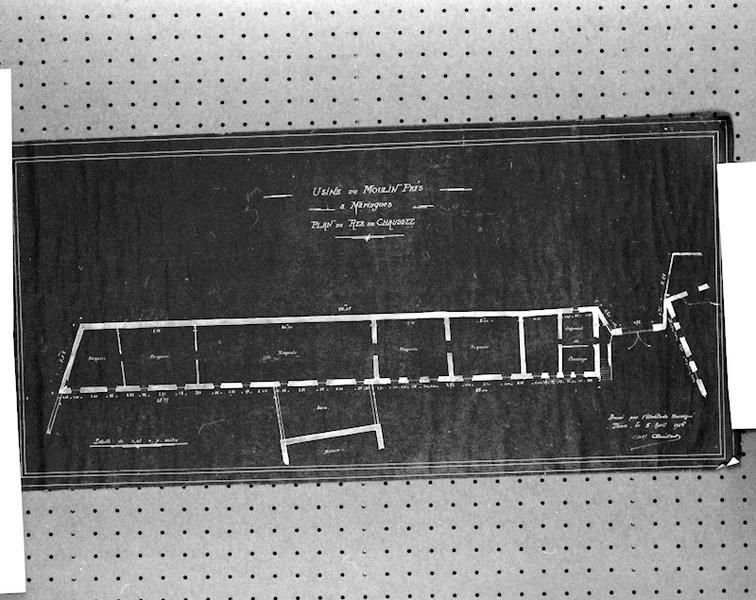 Usine [filature] du Moulin-Prés à Maringues. Plan du Rez-de-Chaussée, bleu d'architecte, par Alf. Quittard architecte à Thiers, le 5 Avril 1916.