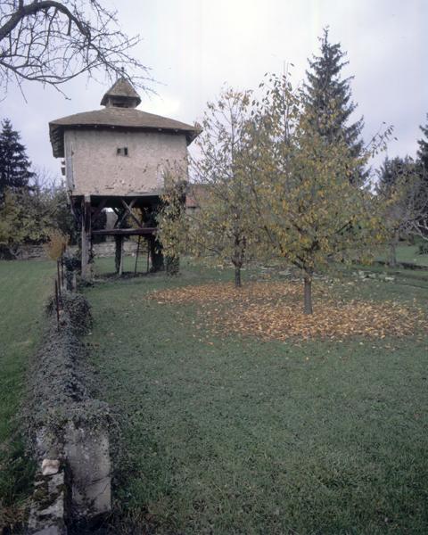 Vue générale d'un pigeonnier à pans de bois sur poteaux (Villeret, Luzillat).