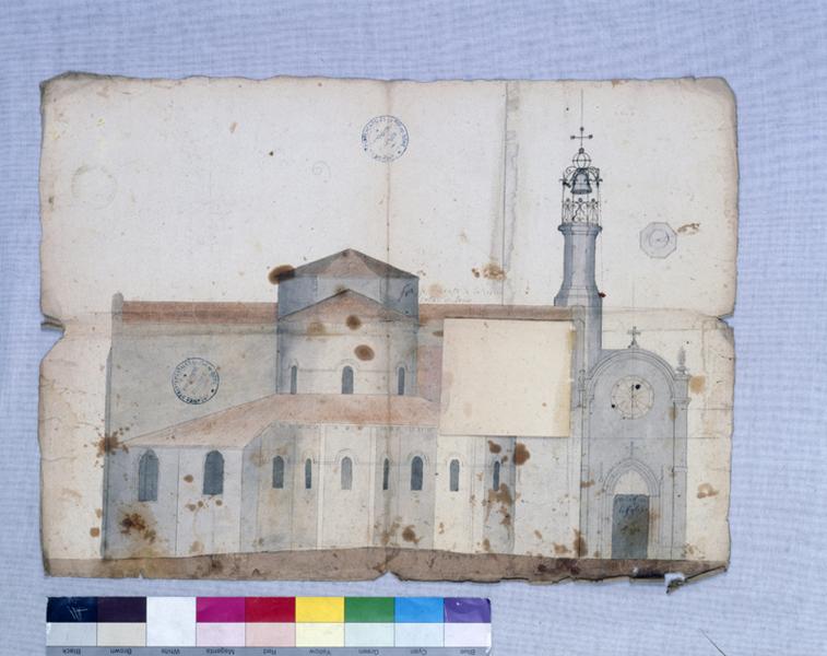 Plans pour réparations à exécuter à l'église de Maringues, élévation, dessin mine de plomb et lavis sur papier [avec retombe], s.n. [Durand, ingénieur ?], 1733.