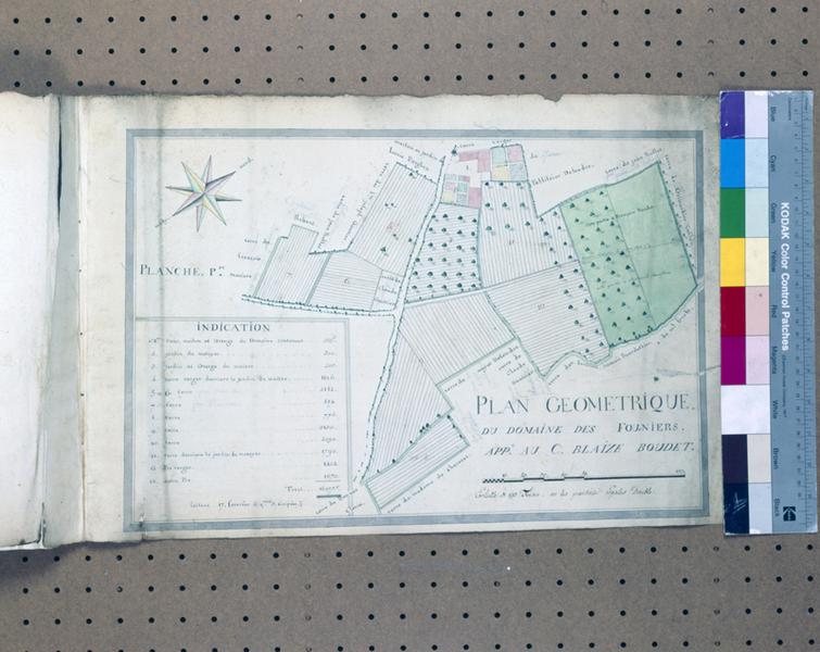 Plan géométrique du domaine des Fourniers. Appt au C. Blaize Boudet., 1ère planche d'un atlas de onze planches, dessin encre et lavis sur papier, s.n., s.d.[fin du XVIIIe siècle:1792?]