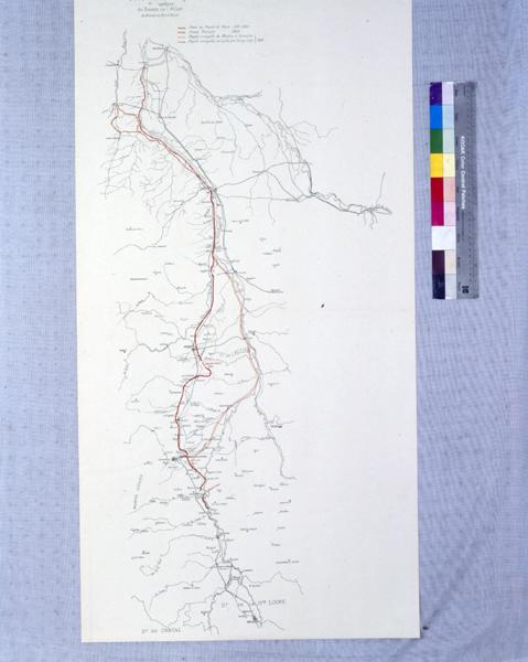 Carte hydrographique au 200 000e du bassin de l'Allier, de Brioude au Bec d'Allier [avec tracés des projets de canal latéral à l'Allier], héliogravure(?) en noir et rouge, s.n., s.d. [1901 ?].
