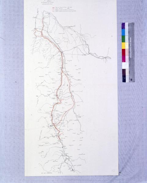 Carte hydrographique au 200 000e du bassin de l'Allier, de Brioude au Bec d'Allier [avec tracés des projets de canal latéral à l'Allier], héliogravure(?) en noir et rouge, s.n., s.d. [1901 ?].