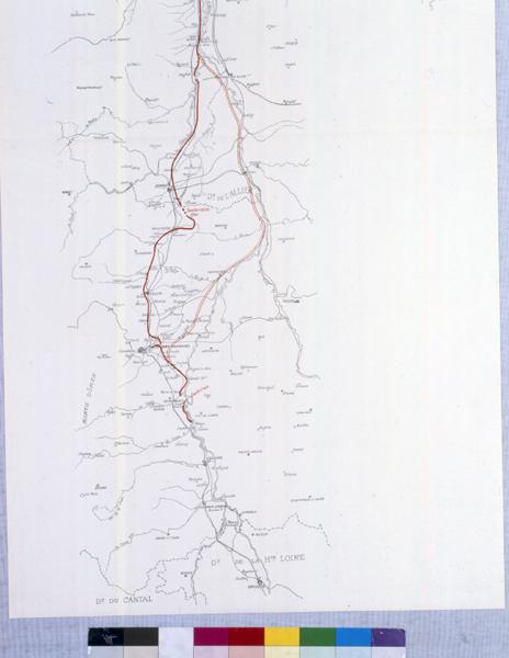Carte hydrographique au 200 000e du bassin de l'Allier, de Brioude au Bec d'Allier [avec tracés des projets de canal latéral à l'Allier], héliogravure(?) en noir et rouge, s.n., s.d. [1901 ?], [détail].