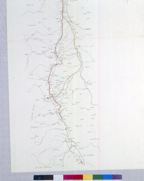 Carte hydrographique au 200 000e du bassin de l'Allier, de Brioude au Bec d'Allier [avec tracés des projets de canal latéral à l'Allier], héliogravure(?) en noir et rouge, s.n., s.d. [1901 ?], [détail].