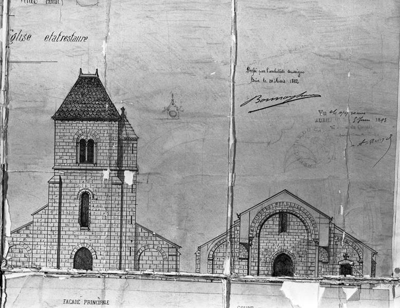 Projet de restauration de l'eglise (état restauré). Détail : façade principale, coupe transversale.