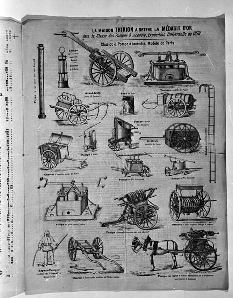Fabrique de pompes à incendie,casques & équipements pour les sapeurs-pompiers A. THIRION,catalogue commercial du 1er novembre 1888:page 3,modèles de chariots et pompes,tuyaux,seaux.(A.C.Maringues :I 2-5)